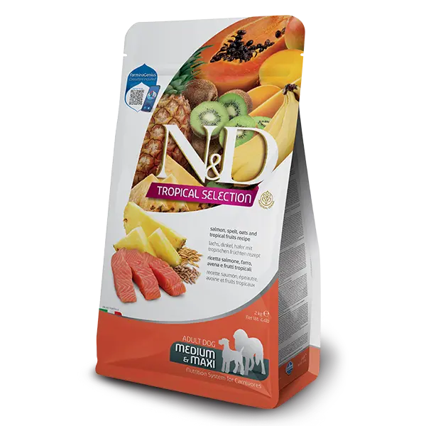 N&D DOG TROPICAL SELECTION SALMON ADULT MED/MAX - Суха храна за кучета над 1 година от средните и едри породи, със сьомга, спелта, овес и тропически плодове - 2кг