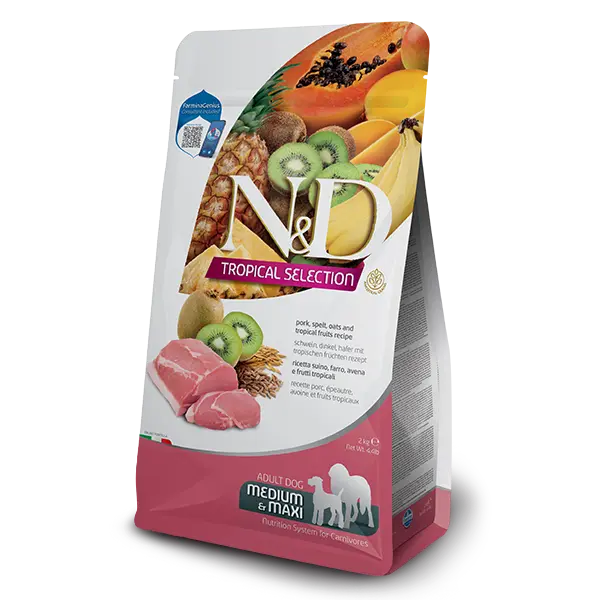 N&D DOG TROPICAL SELECTION PORK ADULT MED/MAX - Суха храна за кучета над 1 година от средните и едри породи, със свинско, спелта, овес и тропически плодове - 2кг