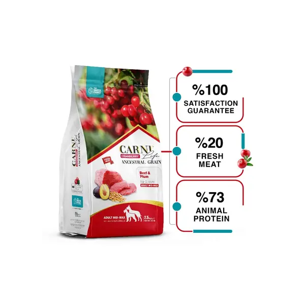 Carni Life Cranberry ADULT MEDIUM & MAXI С ГОВЕЖДО И СЛИВИ за средни и едри породи кучета 12 kg – Пълноценна и балансирана храна с говеждо, червена боровинка и сливи за пораснали кучета от средни и големи породи