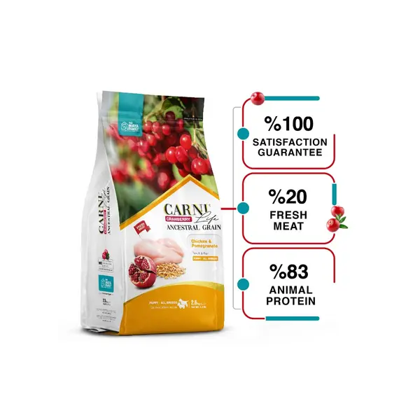 Carni Life Cranberry PUPPY ALL Breeds С ПИЛЕ И НАР за всички породи кучета 2,5 kg – Пълноценна и балансирана  храна с пиле, червена боровинка и нар за подрастващи кучета от всички породи