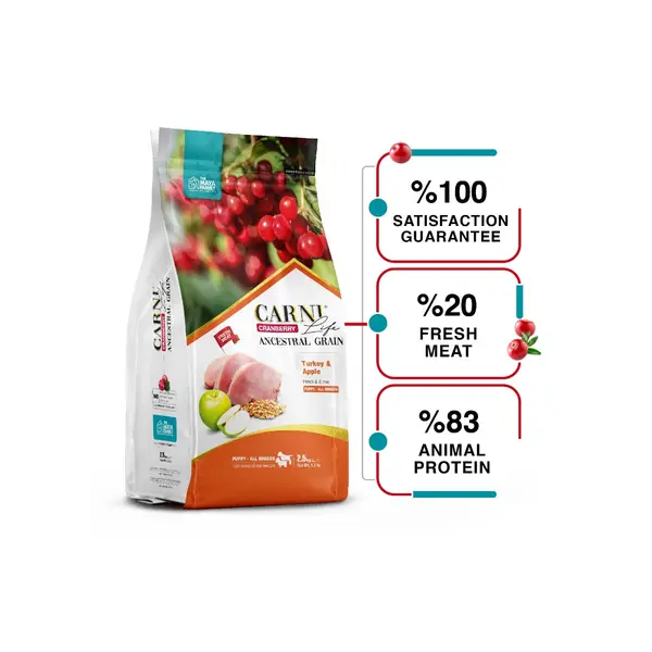 Carni Life Cranberry Puppy ALL Breeds С ПУЙКА И ЯБЪЛКИ за всички породи кучета 2,5 kg – Пълноценна и балансирана храна с пуйка, червена боровинка и ябълки за подрастващи кучета от всички породи