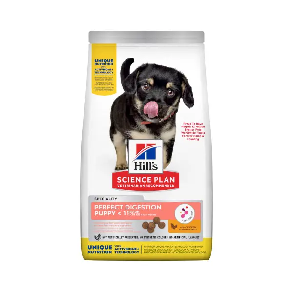 Hill's Science Plan Puppy Perfect Digestion Medium – пълноценна суха храна за отлично храносмилане за кученца до 1 година от средни породи, с пилешко и кафяв ориз - 12 кг