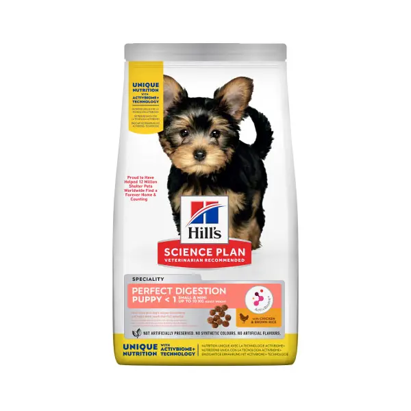 Hill's Science Plan Puppy Perfect Digestion Small&Mini – пълноценна суха храна за отлично храносмилане за кученца до 1 година от мини породи, с пилешко и кафяв ориз -1,5 кг