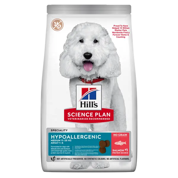 Hill's Science Plan Canine Hypoallergenic Medium Adult – хипоалергенна суха храна за кучета от средни породи от 1 до 6 години със сьомга - 12 кг.