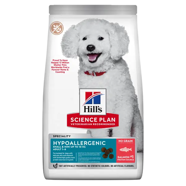 Hill's Science Plan Canine Hypoallergenic Small & Mini Adult – хипоалергенна суха храна за кучета от дребни и мини породи от 1 до 6 години със сьомга - 1.5 кг.
