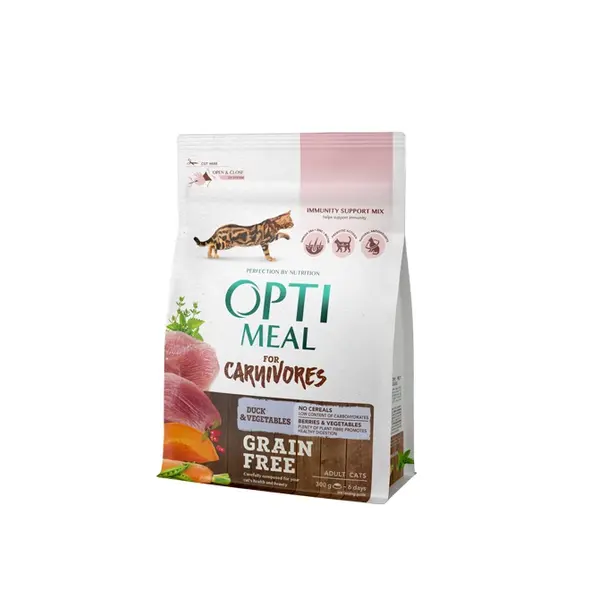 Opti Meal Cat Adult Grain Free With Duck And Vegetables - Беззърнена пълноценна суха храна за възрастни котки – патица и зеленчуци