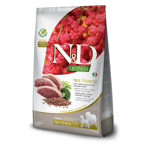 N&D Quinoa NEUTERD Dog Adult Medium & Maxi with Duck, Broccoli & Aspragus – суха храна без зърнени култури за кастрирани кучета от средни и едри породи над 1 година, с патешко, броколи и аспержи - 12 кг