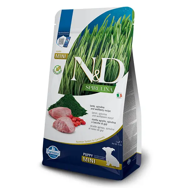 N&D SPIRULINA  Lamb & Wolfberry Puppy MINI 2kg– суха храна без зърнени култури за подрастващи кученца от мини породи с агнешко, спирулина и годжи бери