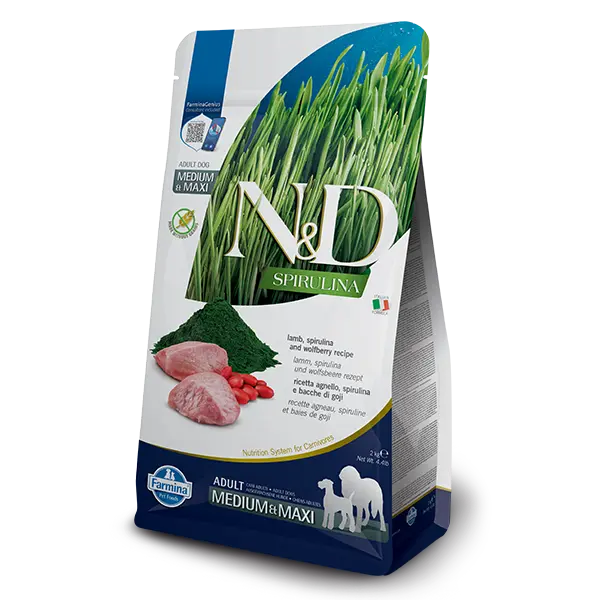 N&D SPIRULINA Lamb & Wolfberry Adult Medium & Maxi dog 7кг– суха храна без зърнени култури за кучета от средни и едри породи над 1 година, с агнешко, спирулина и годжи бери