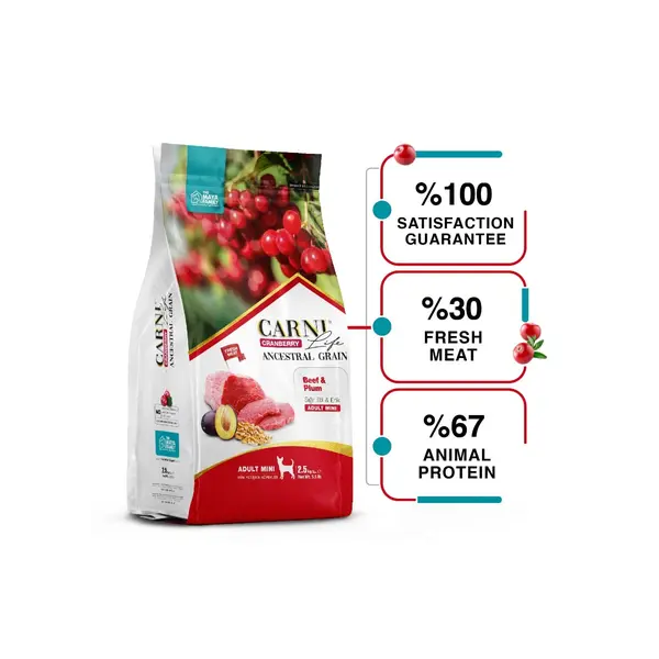 Carni Life Cranberry ADULT MINI С ГОВЕЖДО И СЛИВИ за дребни породи кучета 7 kg – Пълноценна и балансирана храна с говеждо, червена боровинка и сливи за кучета от дребни породи над 1 година