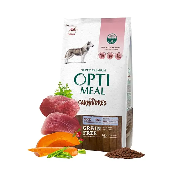 Opti Meal Grain Free Adult Dogs All Breeds With Duck - Беззърнена пълноценна суха храна за възрастни кучета от всички породи – патица и зеленчуци - различни разфасовки