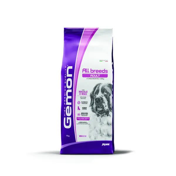 GEMON ALL BREEDS ADULT DOG WITH PORK AND RICE - Пълноценна суха храна за кучета в зряла възраст от всички породи със свинско и ориз 15 кг
