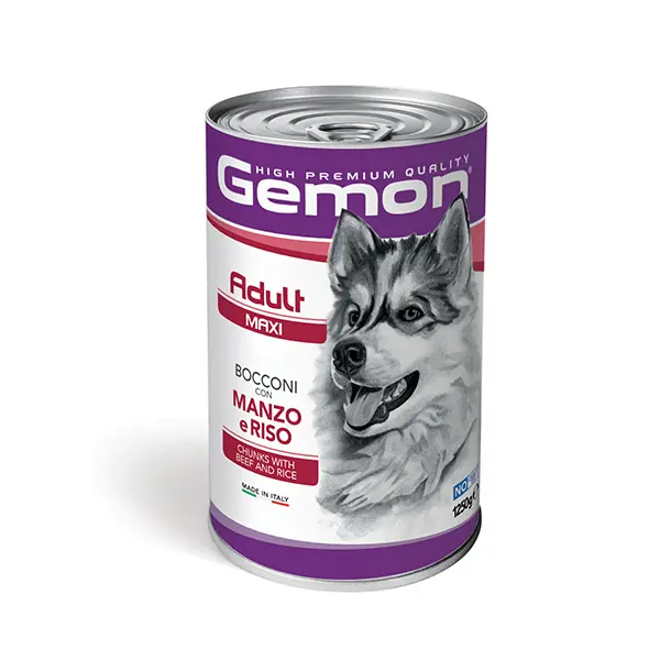 GEMON Adult MAXI Dog Chunks with Beef & Rice 1,25 kg - Пълноценна мокра храна за кучета в зряла възраст от едрите породи, консерва хапки телешко и ориз 1.25 кг