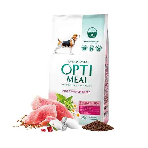 Opti Meal Adult Medium With Turkey- Пълноценна суха храна за възрастни кучета от средни породи – пуешко - различни разфасовки