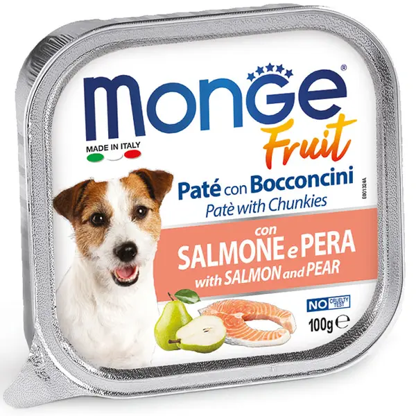 Monge Fruit Paté and Chunkies with Salmon and Pear - Пълноценна мокра храна за кучета - терин със сьомга и круша - 100 гр