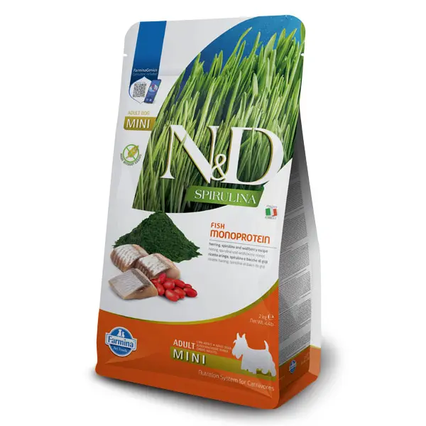 N&D Spirulina Herring & Wolfberry Adult MINI dog – суха храна без зърнени култури за кучета от мини породи над 1 година, с херинга, спирулина и годжи бери - 2 кг
