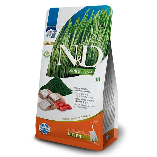 N&D SPIRULINA CAT HERRING KITTEN 1,5kg - пълноценна храна със спирулина за подрастващи котенца с херинга