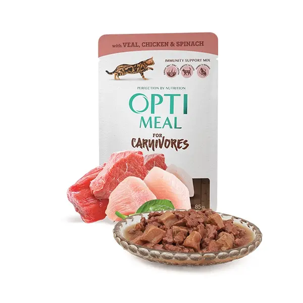 Opti Meal Pouch Adult Cat Grain Free With Veal, Chicken Fillet And Spinach In Sauce - пълноценна мокра храна с телешко, пилешко и спанак в сос