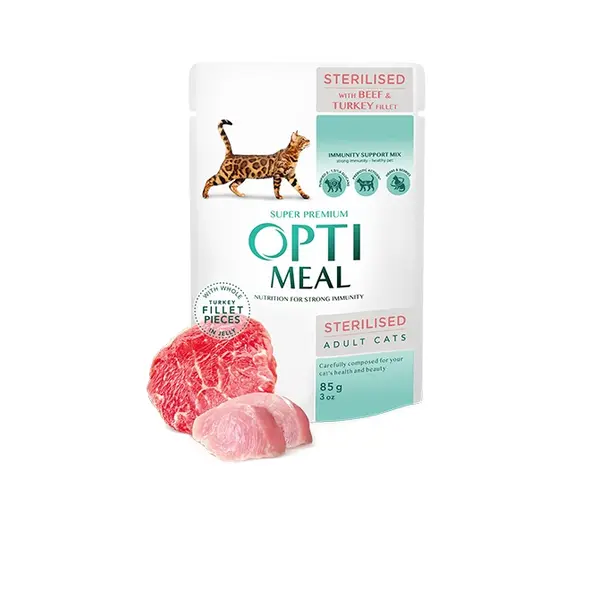 Opti Meal Pouch Adult Cat Sterilized With Beef And Turkey Fillet In Jelly - пълноценна мокра храна за котки с телешко и пуешко в сос