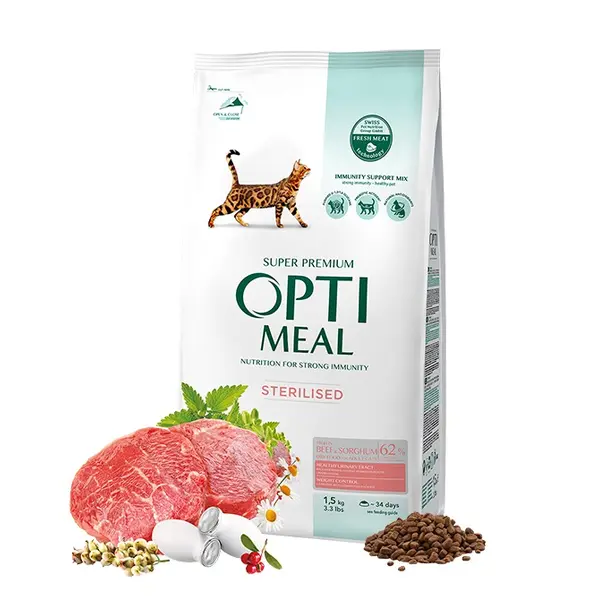 Opti Meal Cat Adult Sterilized With Beef And Sorghum - Пълноценен суха храна за стерилизирани и кастрирани котки - с високо съдържание на говеждо месо и черно просо