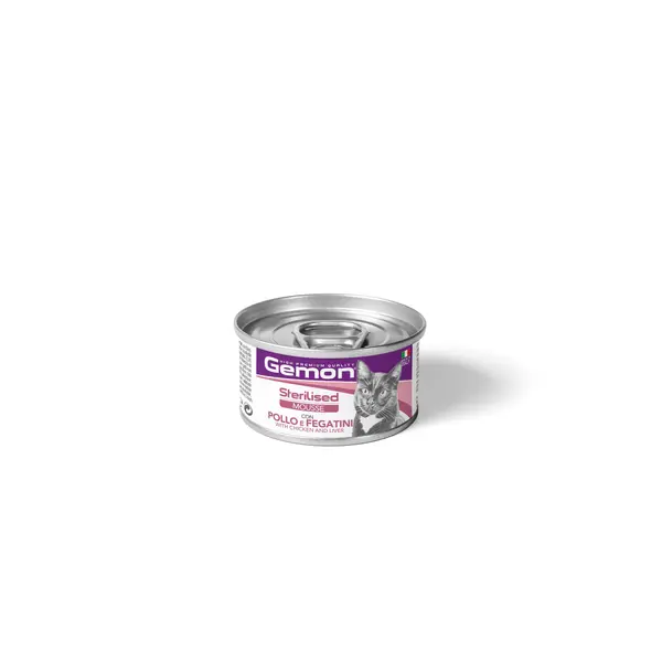 GEMON Sterilised Cat Mousse with Chicken & Livers – Пълноценна храна за кастрирани котки, мус с пилешко и черен дроб, консерва