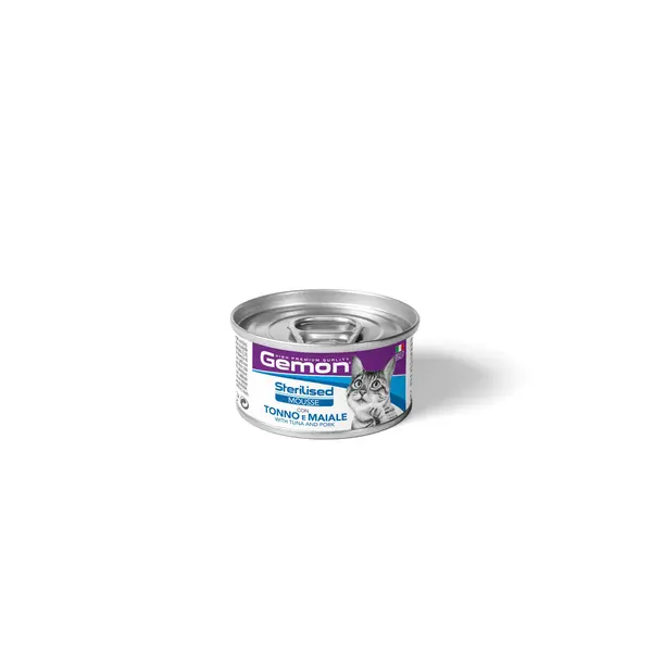 GEMON Sterilised Cat Mousse with Tuna & Pork – Пълноценна храна за кастрирани котки, мус с риба тон и свинско, консерва
