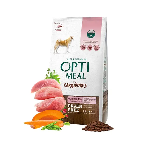 Opti Meal Grain Free Adult Dogs All Breeds With Turkey - Беззърнена пълноценна суха храна за възрастни кучета от всички породи – пуйка и зеленчуци - различни разфасовки