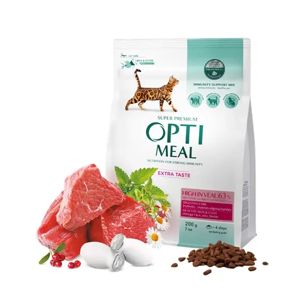 Opti Meal Cat Adult With Veal - Пълноценна суха храна за възрастни котки с високо съдържание на телешко месо - различни разфасовки