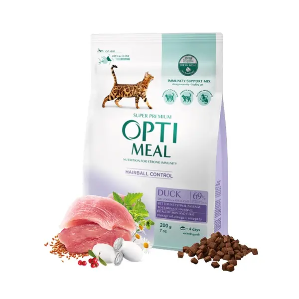 Opti Meal Cat Adult Hairball with Duck - Пълноценна суха храна за възрастни котки за премахване на космени топки от стомаха – патица