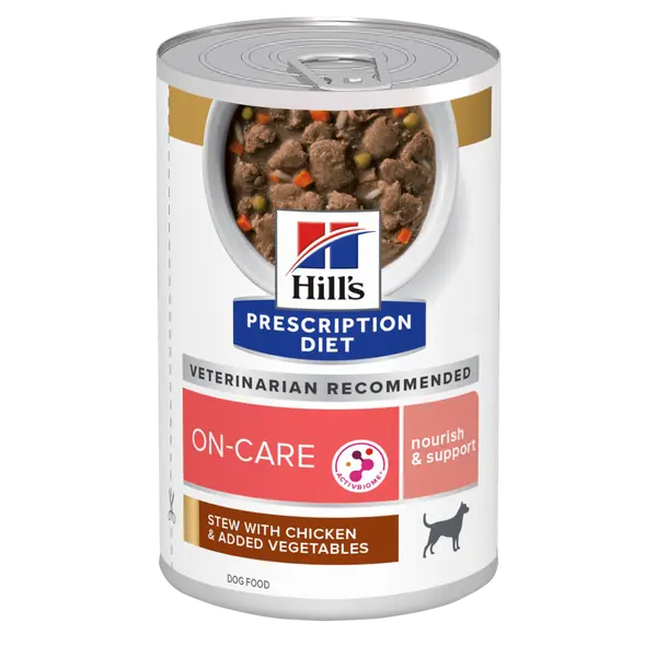 Hill's PRESCRIPTION DIET ON-CARE STEW – лечебна мокра храна за кучета, страдащи от тежки заболявания, с пилешко и зеленчуци, консерва 354 гр