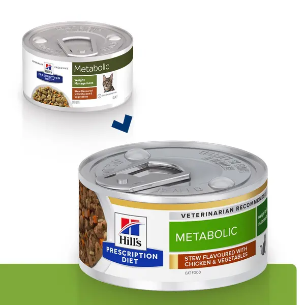 Hill`s PRESCRIPTION DIET Feline Metabolic Vegetable & Chicken Stew – лечебна мокра храна за котки в зряла възраст с наднормено тегло, консерва задушено пилешко със зеленчуци - 82 г