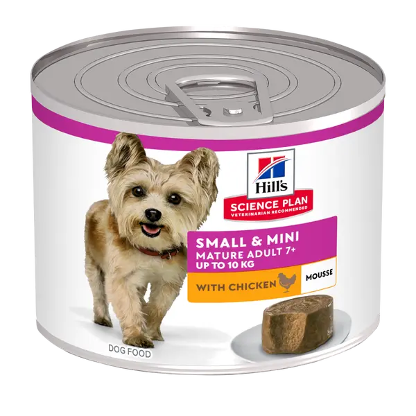 Hill's Science Plan Small & Mini Mature Mousse Chicken - Пълноценна мокра храна за кучета от дребни породи в напреднала възраст 7+ години, фин мус с пилешко, консерва 200 гр
