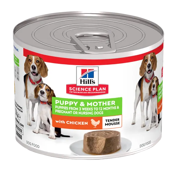 Hill's Science Plan Puppy & Mother Mousse Chicken - Пълноценна мокра храна за кученца до 1 година, бременни или кърмещи кучета, фин мус с пилешко, консерва 200 гр