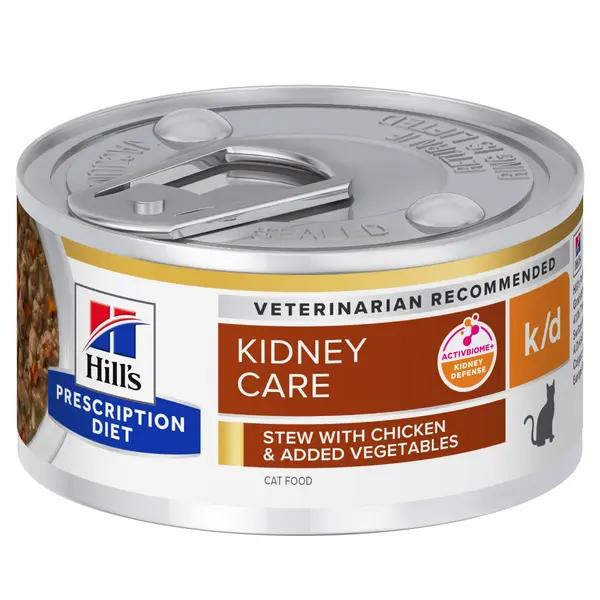 Hill's PRESCRIPTION DIET k/d Feline Kidney Care Chicken & Vegetable Stew - лечебна мокра храна за котки в зряла възраст с бъбречна недостатъчност, консерва задушено с пилешко и зеленчуци - 82 г