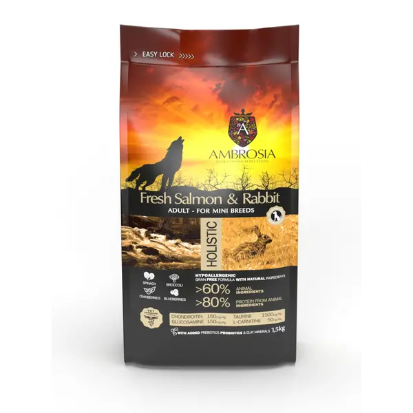Ambrosia Mini Adult  Fresh Salmon & Rabbit Ulta premium - холистична, хипоалергенна, беззърнена храна за кучета от малки породи със сьомга и заешко, 5 кг