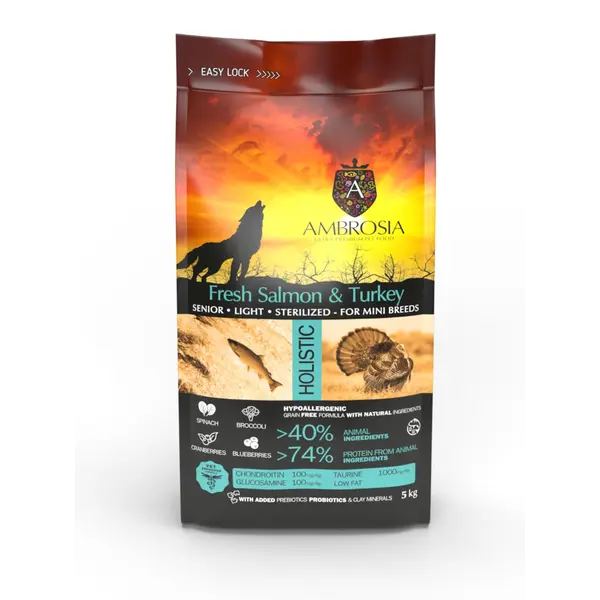 Ambrosia Mini Adult  Sterilised - Senior - Ligth Fresh Salmon & Turkey Ulta premium - холистична, хипоалергенна, беззърнена храна за кучета от малки породи, кастрирани, възрастни или с наднормено тегло, със сьомга и пуешко, 5 кг
