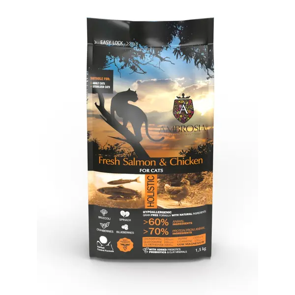 Ambrosia Sterilized Cat  Fresh Salmon & Chicken Ulta premium - холистична, хипоалергенна, беззърнена храна за кастрирани котки със сьомга и пилешко, 5 кг