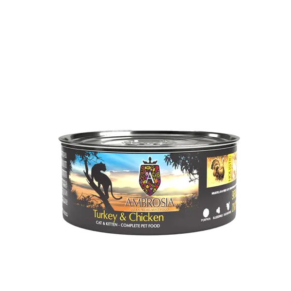 Ambrosia Kitten & Cat Turkey & Chicken - пълноценна мокра храна за котенца и котки с пуешко и пилешко, 150 гр