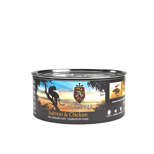 Ambrosia Sterilized Cat Salmon & Chicken - пълноценна мокра храна за кастрирани котки със сьомга и пилешко, 150 гр