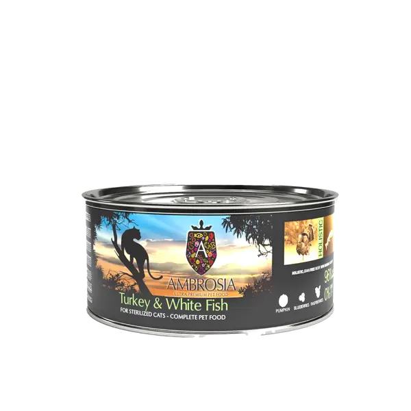 Ambrosia Sterilized Cat Turkey & White Fish - пълноценна мокра храна за кастрирани котки с пуешко и бяла риба, 150 гр