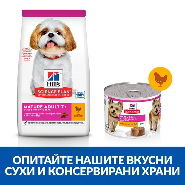 Hill's Science Plan Small & Mini Mature Mousse Chicken - Пълноценна мокра храна за кучета от дребни породи в напреднала възраст 7+ години, фин мус с пилешко, консерва 200 гр