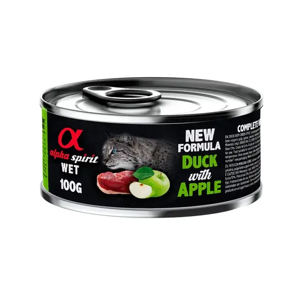 Alpha Spirit Cat Duck with Apple -  Мокра храна за котки с патешко и ябълки, консерва 100 гр
