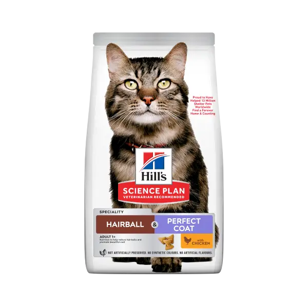 Hill's Science Plan Feline Adult Hairball & Perfect Coat Chicken – пълноценна суха храна за котки от 1 до 6 години, за намаляване на космените топки и за красива козина, с пилешко - 7 кг