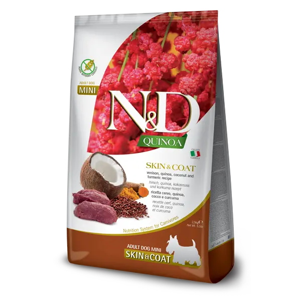 N&D Quinoa Skin & Coat with Venison, Adult MINI – суха храна без зърнени култури за здрава кожа и козина, за кучета над 1 година от дребни породи, с еленско, киноа, кокос и куркума  - 7 кг