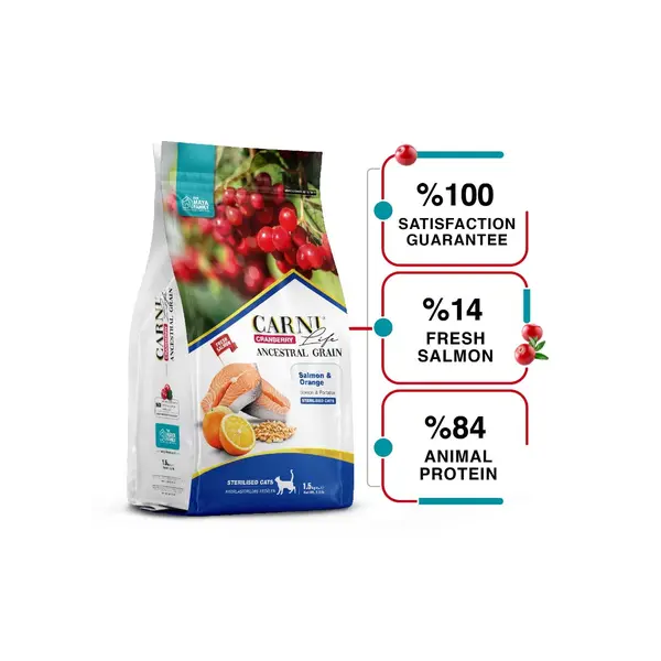 Carni Life Cranberry STERILIZED  храна за кастрирани котки СЪС СЬОМГА И ПОРТОКАЛ 10 kg - Пълноценна и балансирана  храна със сьомга, червена боровинка и портокал  за кастрирани котки в зряла възраст