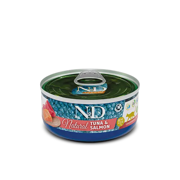 N&D Natural FISH TRIO MENU 5+1 free – мокра допълваща храна за котки в зряла възраст, три вкуса - с риба тон, с риба тон и сьомга, с риба тон и скариди, консерва - 6х70 гр, 5+1 ПОДАРЪК