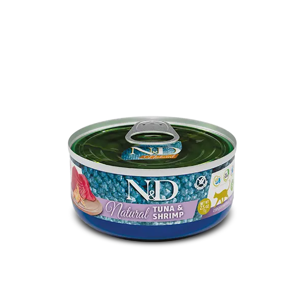 N&D Natural FISH TRIO MENU 5+1 free – мокра допълваща храна за котки в зряла възраст, три вкуса - с риба тон, с риба тон и сьомга, с риба тон и скариди, консерва - 6х70 гр, 5+1 ПОДАРЪК