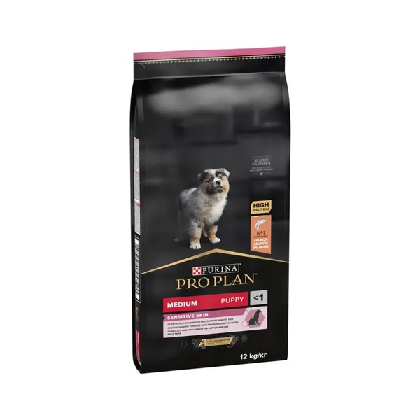 PRO PLAN Medium Puppy SENSITIVE SKIN 12 кг - суха храна за малки кученца от средни породи с чувствителна кожа с високо съдържание на сьомга