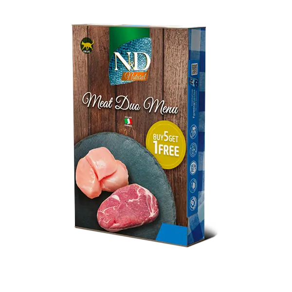 N&D Natural MEAT DUO MENU 5+1 free – мокра допълваща храна за котки в зряла възраст, два вкуса - с пилешко и с агнешко, консерва - 6х70 гр, 5+1 ПОДАРЪК