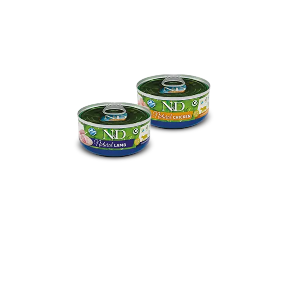 N&D Natural MEAT DUO MENU 5+1 free – мокра допълваща храна за котки в зряла възраст, два вкуса - с пилешко и с агнешко, консерва - 6х70 гр, 5+1 ПОДАРЪК